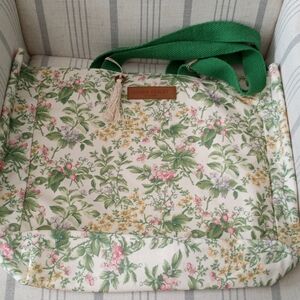 Laura Ashley Floral Canvas Tote with Green,Yellow, Pink Floral Design.